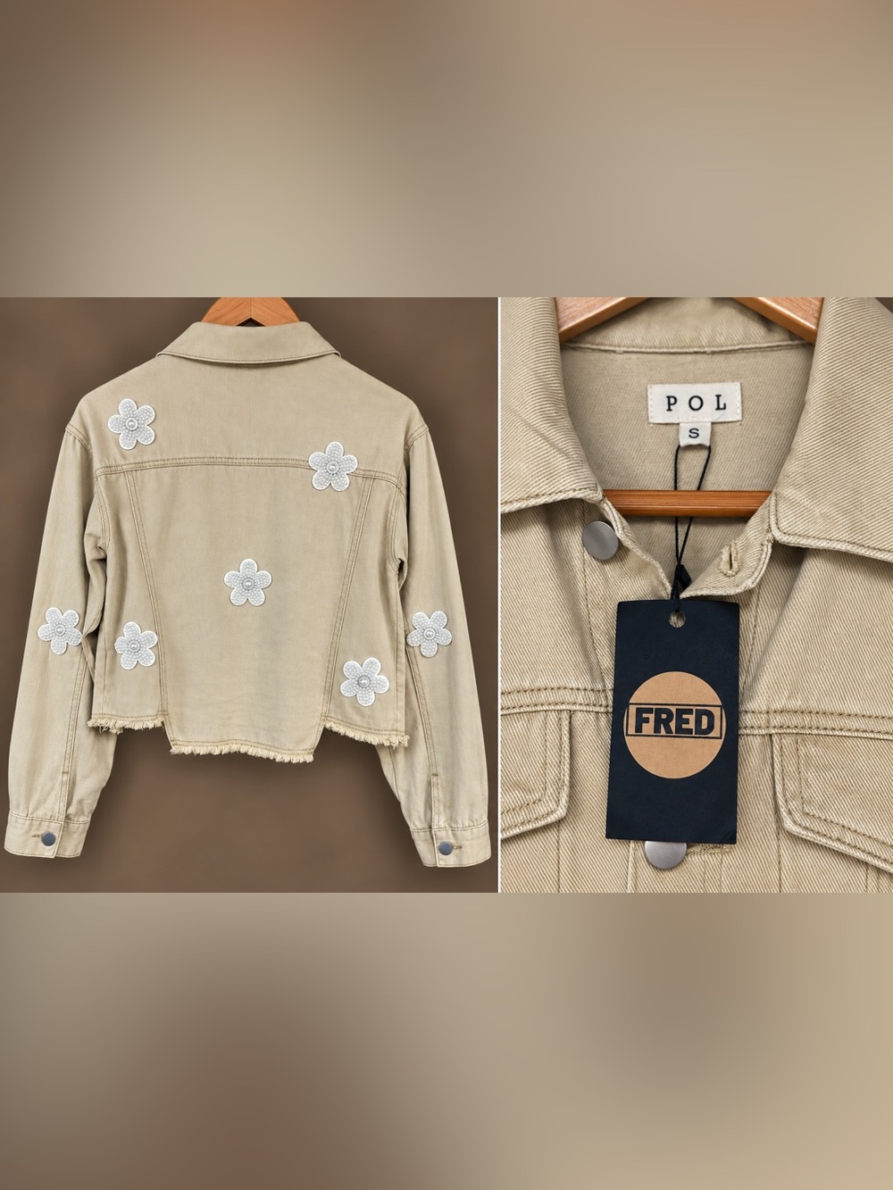 POL Pearl Flower Appliqué Cropped Denim Jacket Beige Tan Raw Hem Size S NWT - Picture 2 of 4